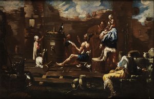 おしゃべりワタリガラスで練習している芸人グループ 作： Circle of Alessandro Magnasco